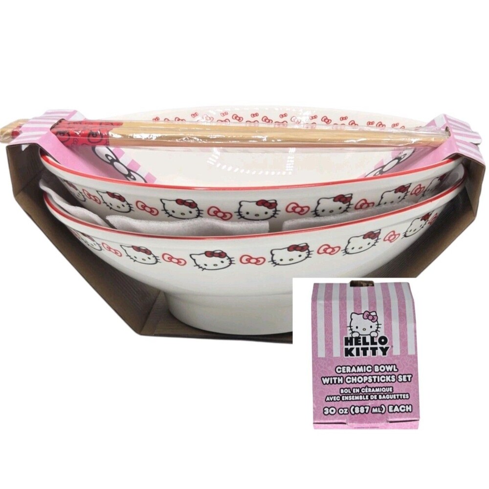 Hello‎ Kitty By Sanrio Set of 2 Ceramic Ramen Noodle Bowl with Chopsticks 30oz